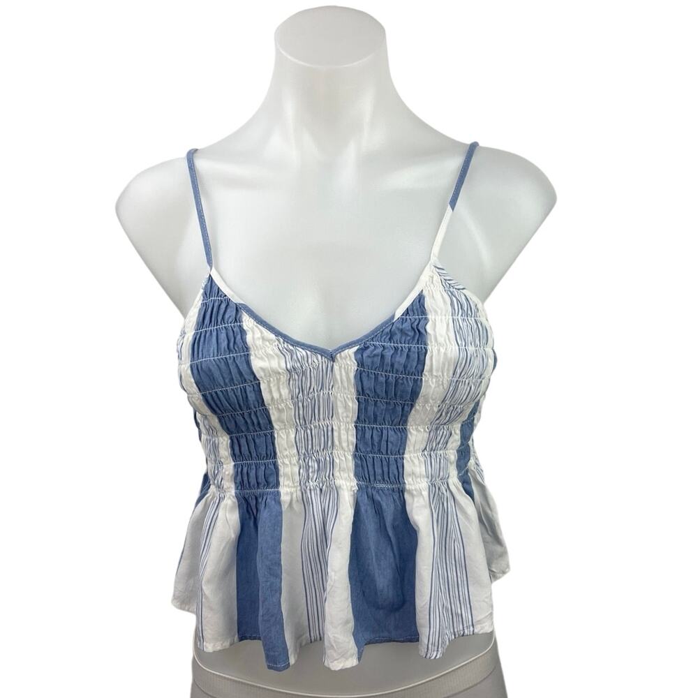 Pookie & Sebastian Blue White Striped Smocked Camisole Peplum Blouse Top Size M